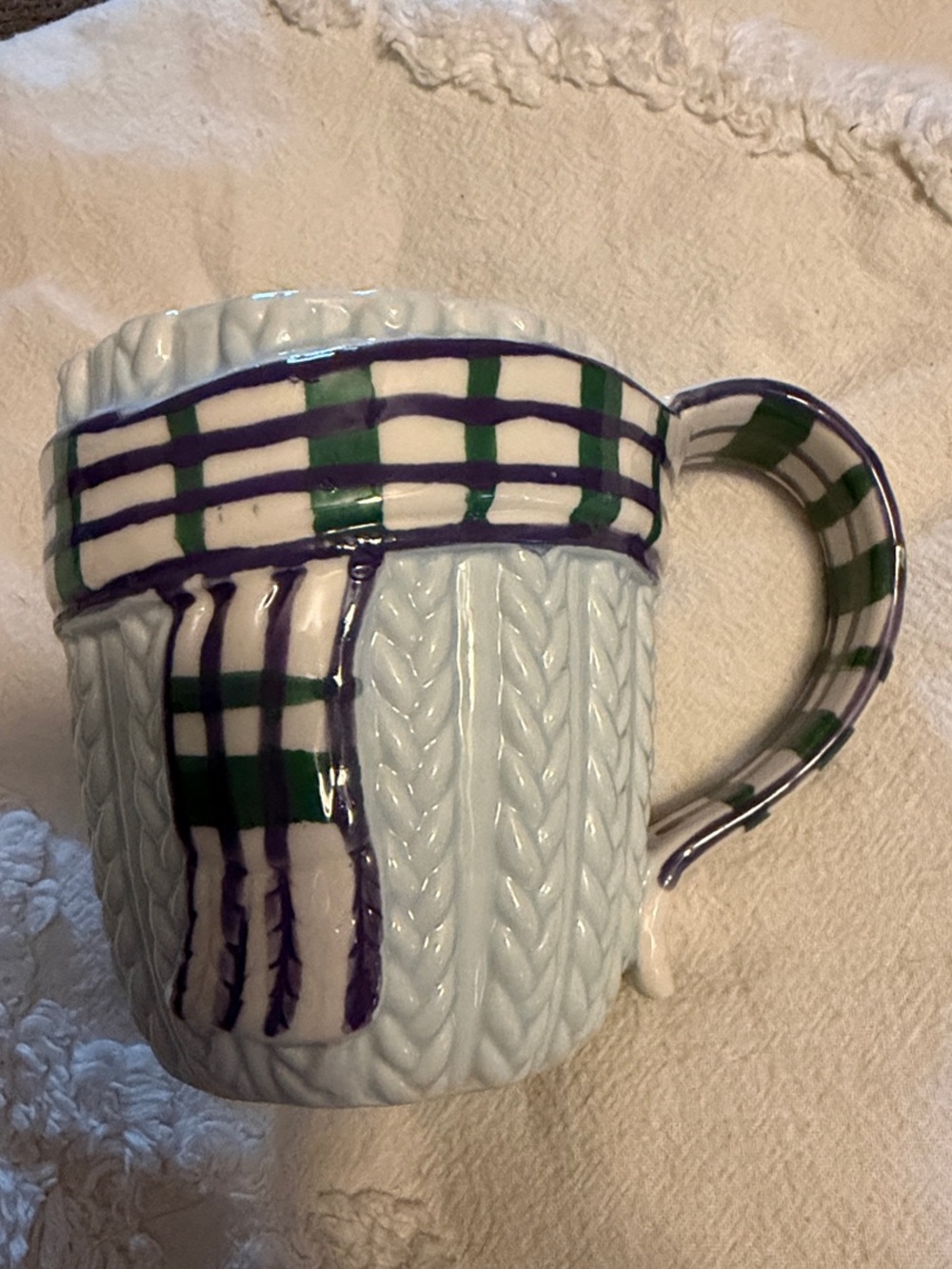 Anthropologie Pale Blue Cable Knit Mug with Green & Purple Plaid